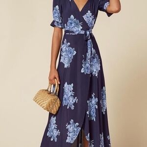 Reformation Blue Flutter Sleeve Wrap Maxi Dress